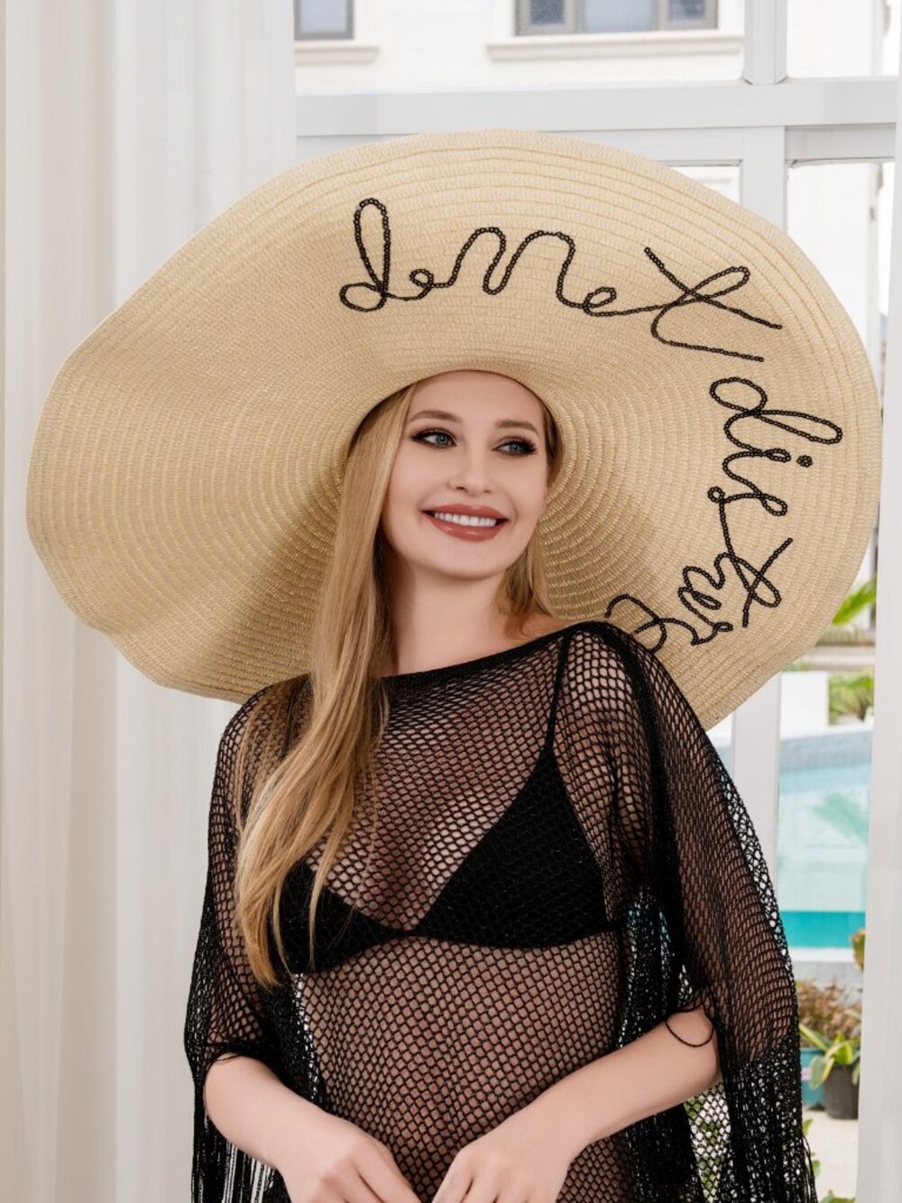Super Wide Brim Beach Hat Do Not Disturb Curly Sequins Words Statement Beige